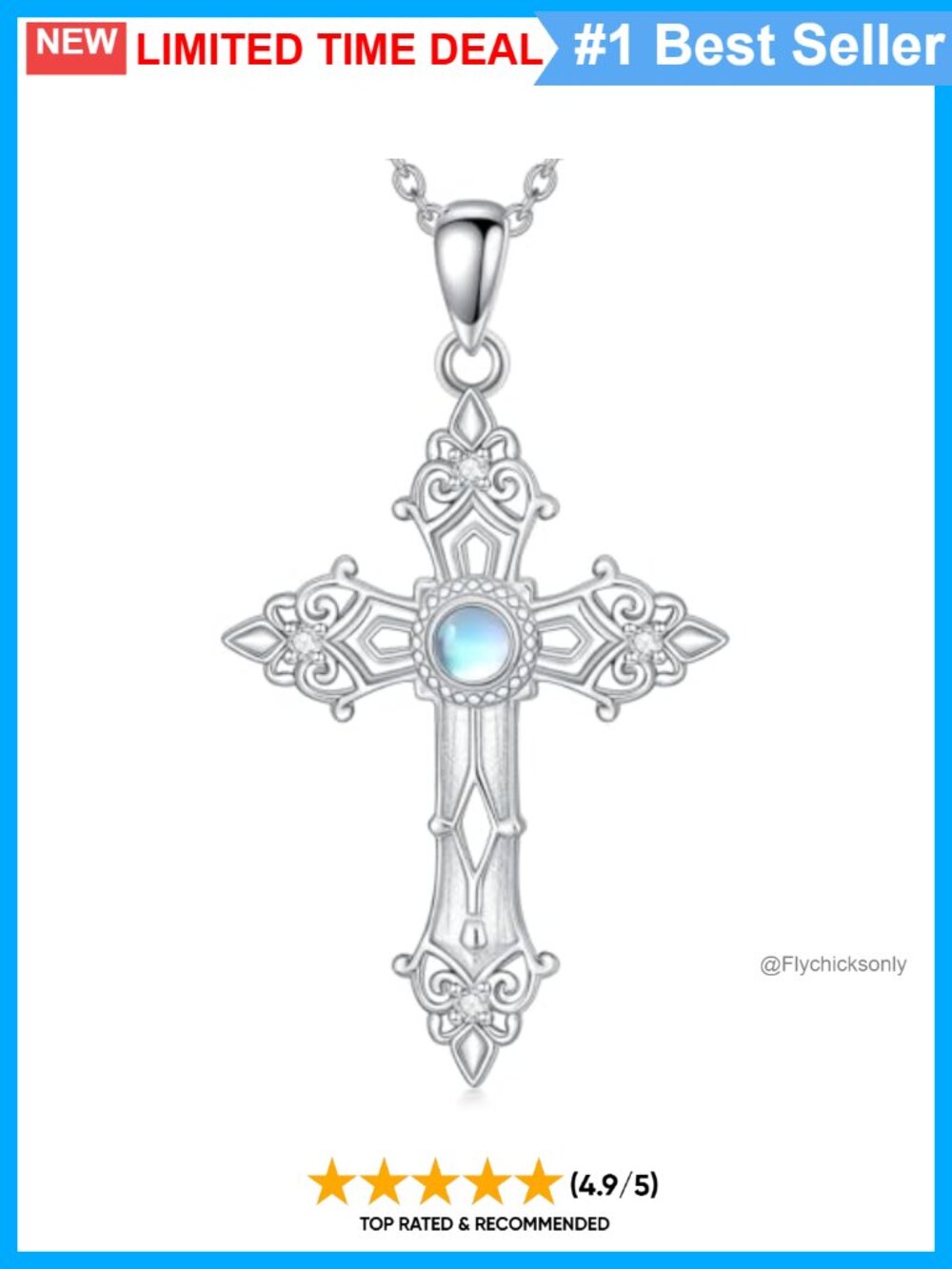 925 Sterling Silver Moonstone Cross Pendant Necklace 18+2"